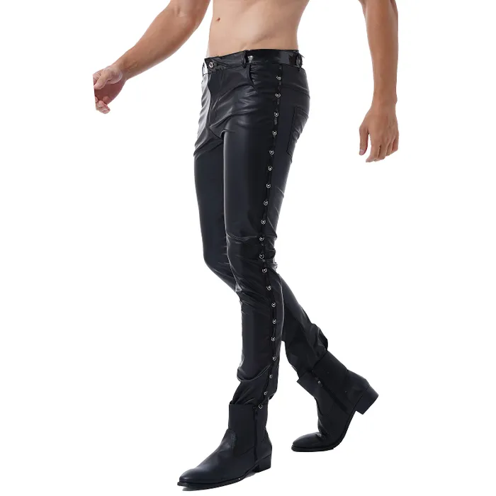 EVEs SECRETS Black Mens Low Waist PU Leather Shiny Pants Fashion Tight Stage Show Performance Trousers Restraints