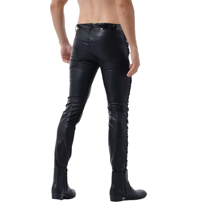 EVEs SECRETS Black Mens Low Waist PU Leather Shiny Pants Fashion Tight Stage Show Performance Trousers Restraints