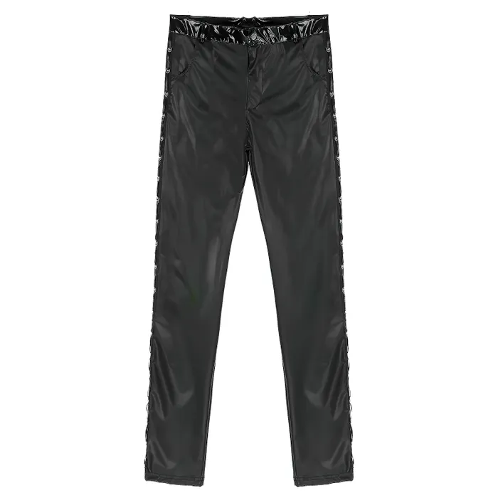 EVEs SECRETS Black Mens Low Waist PU Leather Shiny Pants Fashion Tight Stage Show Performance Trousers Restraints